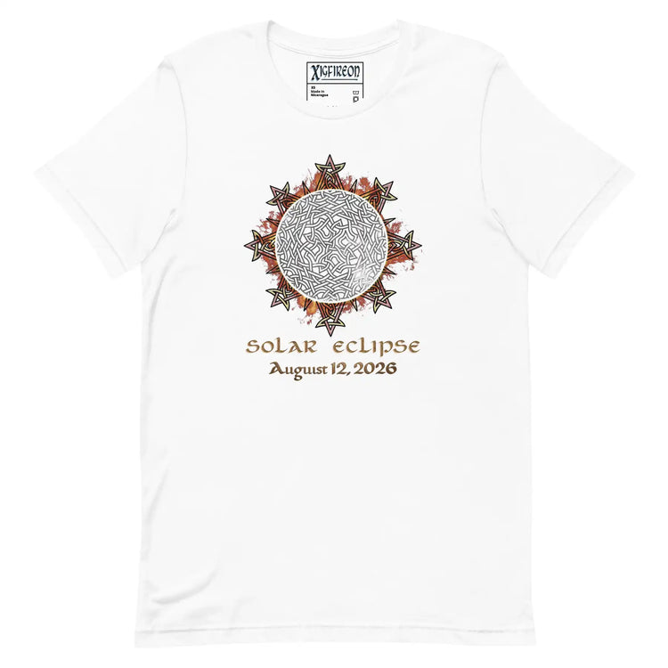 Xigfireon Solar Eclipse August 12, 2026 commemorative t-shirt in white featuring the Morning Star Fire Eclipsed Celtic knot design with original hand-drawn eclipse-inspired artwork and text that reads &