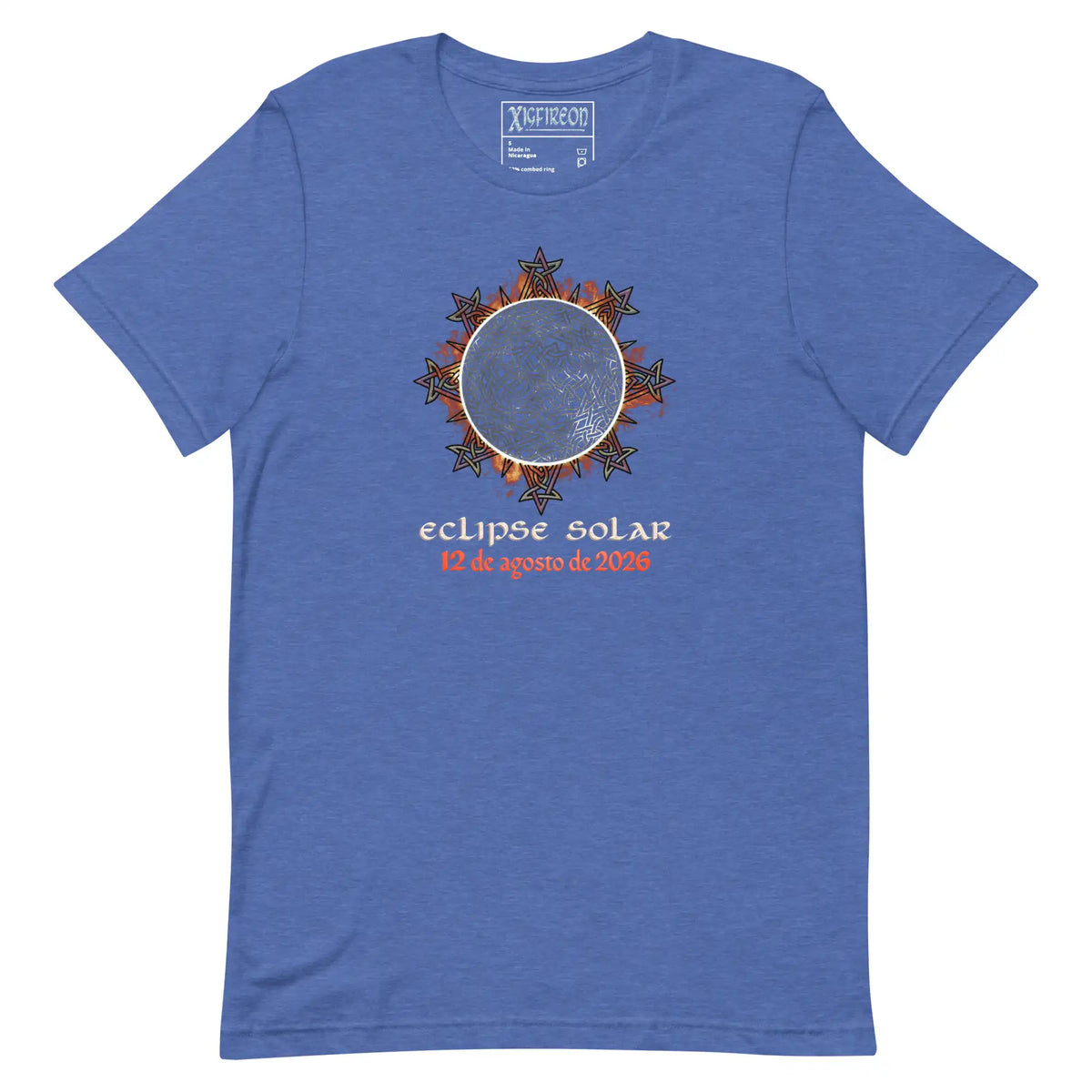 A heather blue short-sleeve Celtic knot t-shirt by Xigfireon featuring a graphic of a solar eclipse with the text &