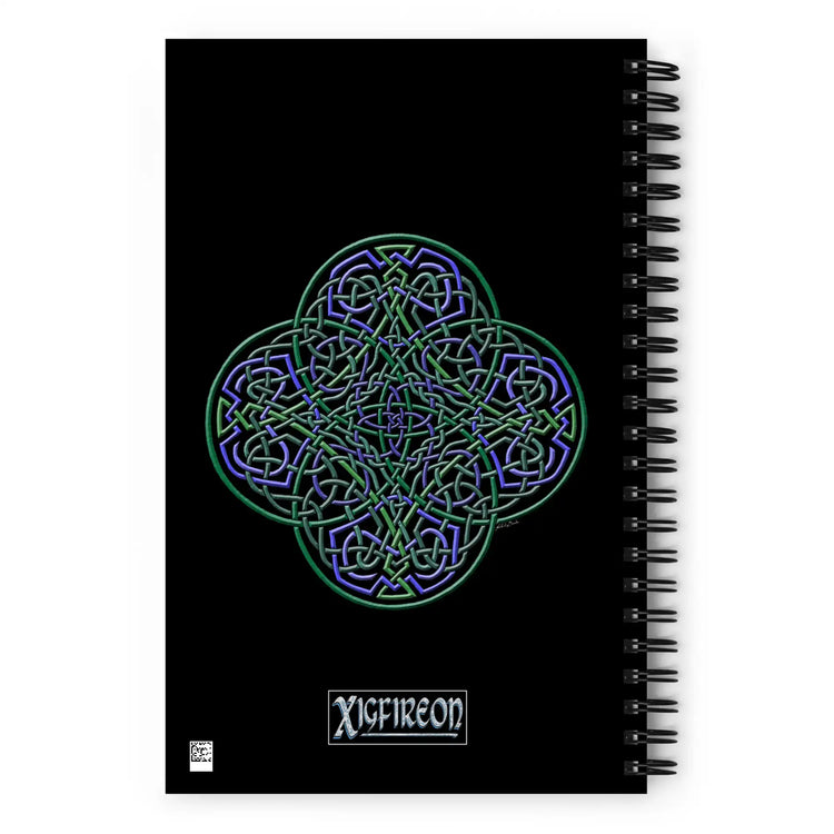 The back side of a Xigfireon spiral notebook featuring the Living Colour iteration of the Reach Of The Spirit Celtic knot design.