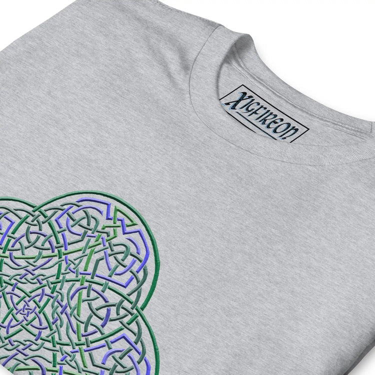 A close-up view of a sport grey Xigfireon graphic t-shirt featuring the Living Colour iteration of the Reach Of The Spirit Celtic knot design. The Reach Of The Spirit Celtic knot symbolizes the Earth.