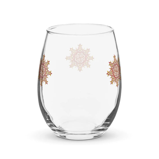 The back side of a stemless wine glass featuring the Fire Colour iteration of the Morning Star Fire Celtic knot design.