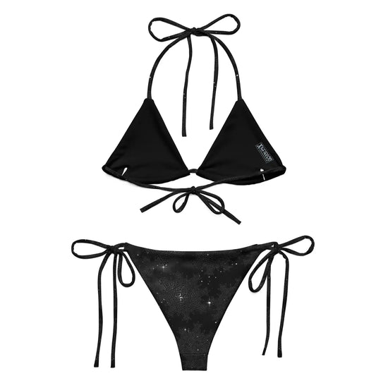 Celtic knot string bikini by Xigfireon, shown from the back, featuring the Midnight Cosmos patterned series of the `Morning Star Fire` design.
