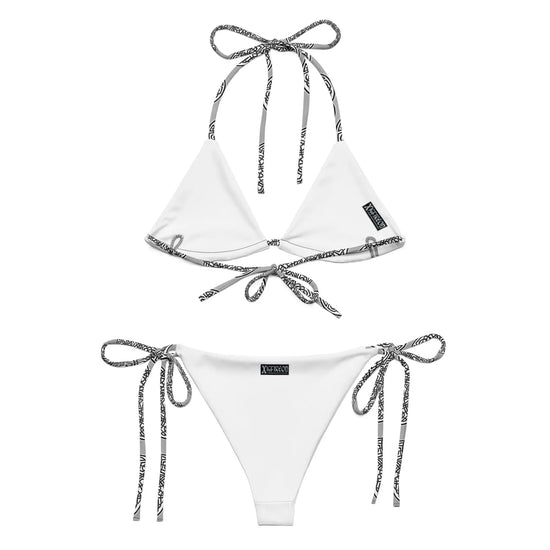 A view of the inside of a string bikini featuring the Inverted Black & White Solid iteration of the Reach Of The Spirit Celtic knot pattern.