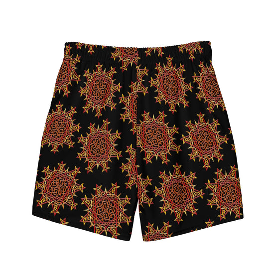 The back side of a pair of Xigfireon graphic swim trunks featuring the Fire Colour Black (small) patterned series of the Morning Star Fire Celtic knot design.
