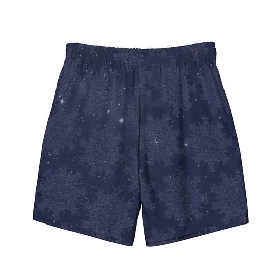 Celtic knot swim trunks by Xigfireon, shown from the back, featuring the Midnight Blue Cosmos patterned series of the `Morning Star Fire` design.