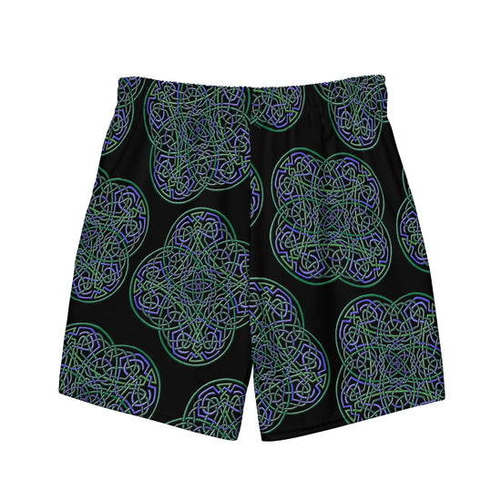 The back side of a pair of Xigfireon graphic swim trunks featuring the Living Colour Black patterned series of the Reach Of The Spirit Celtic knot design.