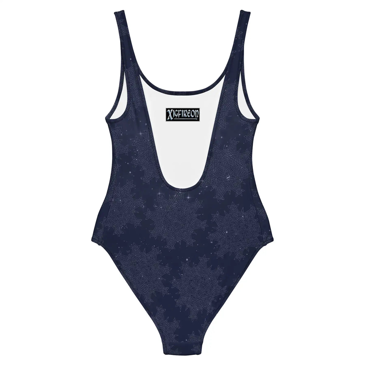 Celtic knot swimsuit by Xigfireon, shown from the back, featuring the Midnight Blue Cosmos patterned series of the Morning Star Fire design.