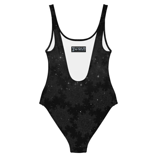 Celtic knot swimsuit by Xigfireon, shown from the back, featuring the Midnight Cosmos patterned series of the `Morning Star Fire` design.