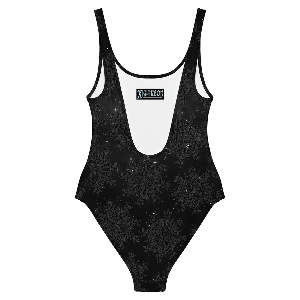 Celtic knot swimsuit by Xigfireon, shown from the back, featuring the Midnight Cosmos patterned series of the Morning Star Fire design.