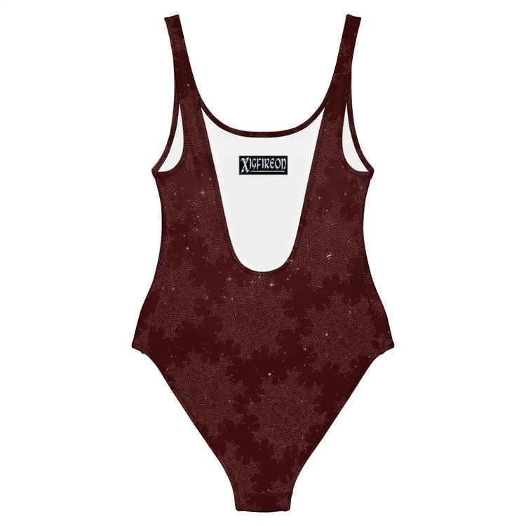 Celtic knot swimsuit by Xigfireon, shown from the back, featuring the Midnight Red Cosmos patterned series of the `Morning Star Fire` design.