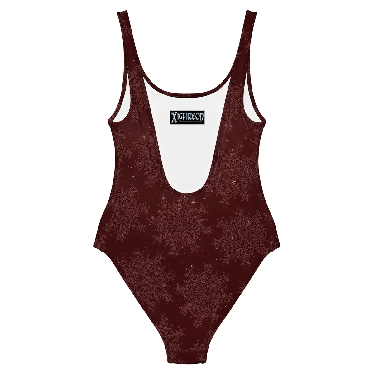 Celtic knot swimsuit by Xigfireon, shown from the back, featuring the Midnight Red Cosmos patterned series of the Morning Star Fire design.