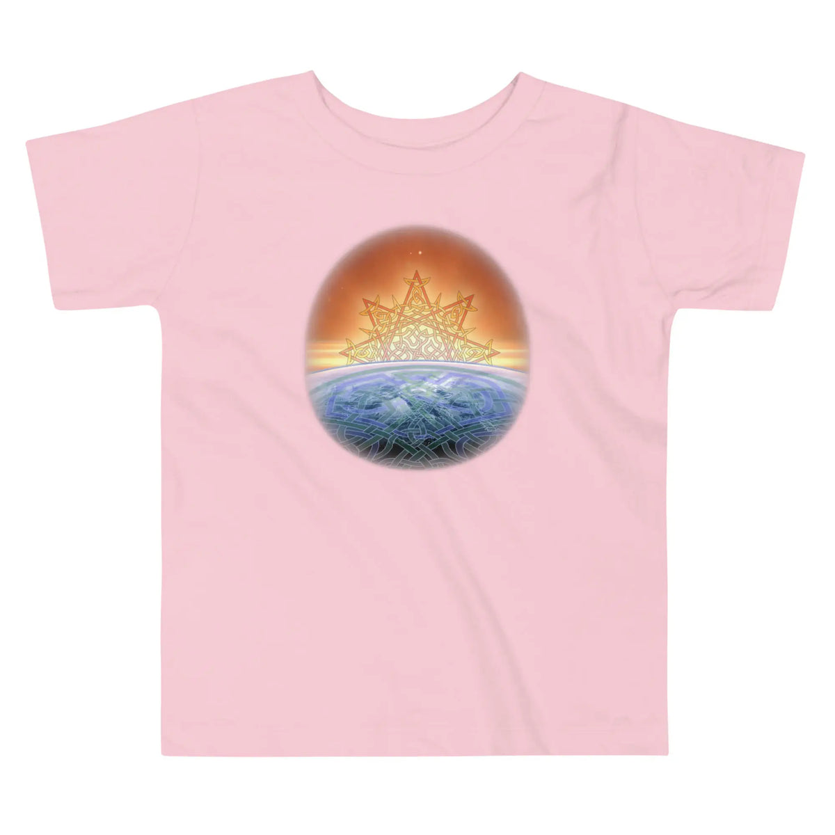 A pink Xigfireon toddler graphic t-shirt featuring the Derivation II Celtic knot merger design symbolizing the Sun and the Earth in their cosmic dance.