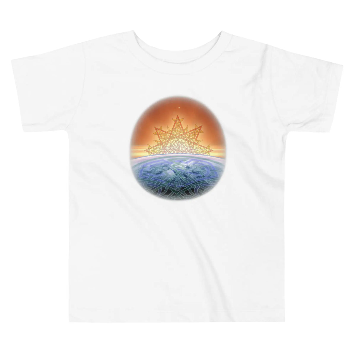 A white Xigfireon toddler graphic t-shirt featuring the Derivation II Celtic knot merger design symbolizing the Sun and the Earth in their cosmic dance.