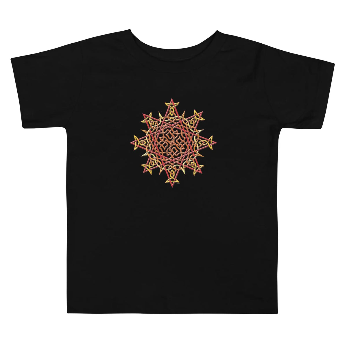 A black Xigfireon toddler graphic t-shirt featuring the Fire Colour iteration of the Morning Star Fire Celtic knot design. The Morning Star Fire Celtic knot represents the Sun.