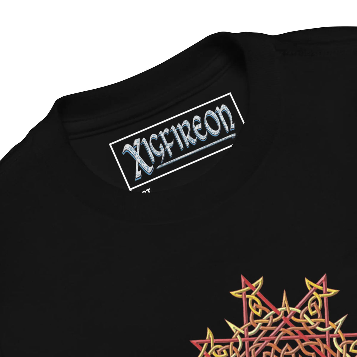 A close-up view of the logo and design on a black Xigfireon toddler graphic t-shirt featuring the Fire Colour iteration of the Morning Star Fire Celtic knot design. The Morning Star Fire Celtic knot symbolizes Father Sun.