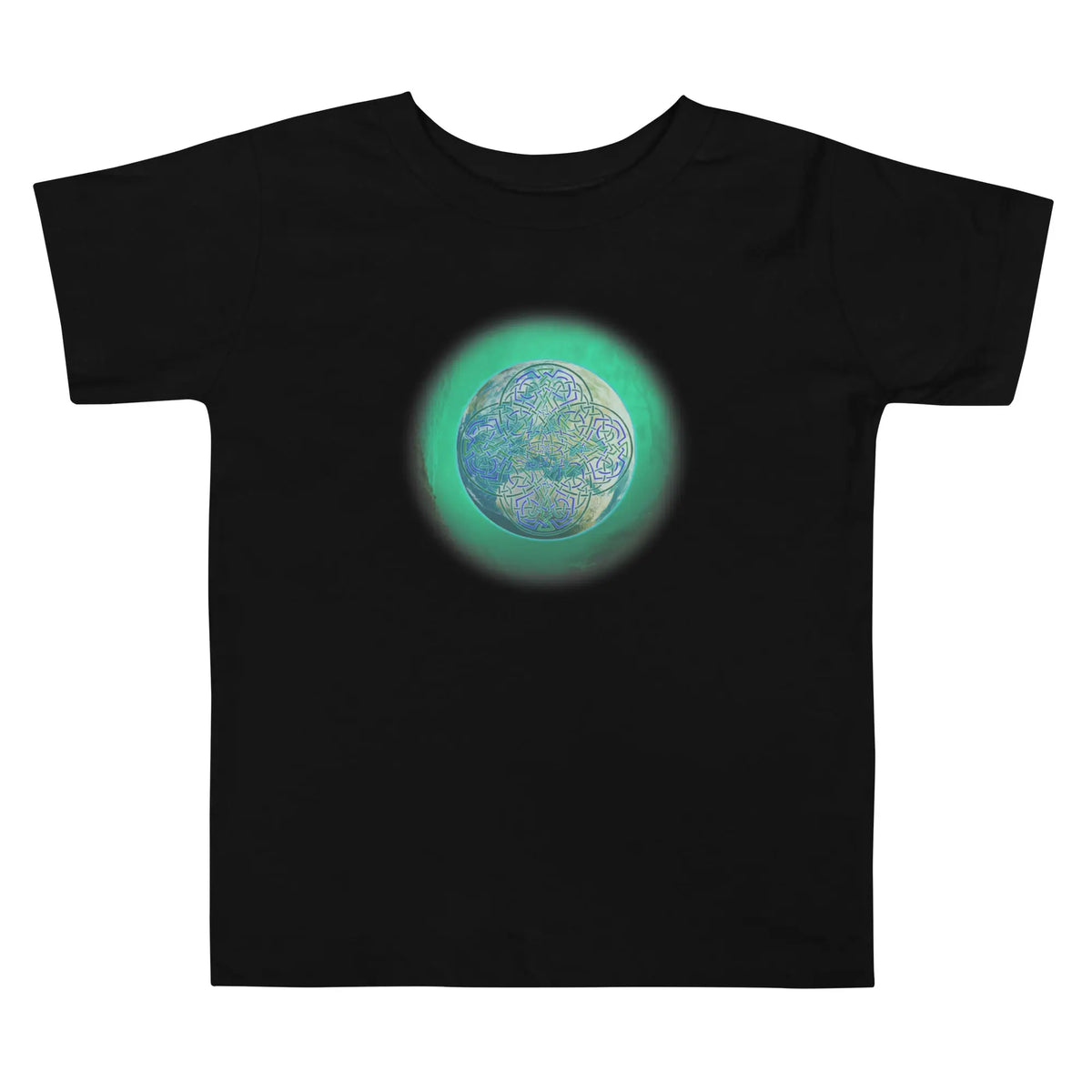 A black Xigfireon toddler graphic t-shirt featuring the Deep Forest iteration of the Reach Of The Spirit Celtic knot design. The Reach Of The Spirit Celtic knot symbolizes Mother Earth.