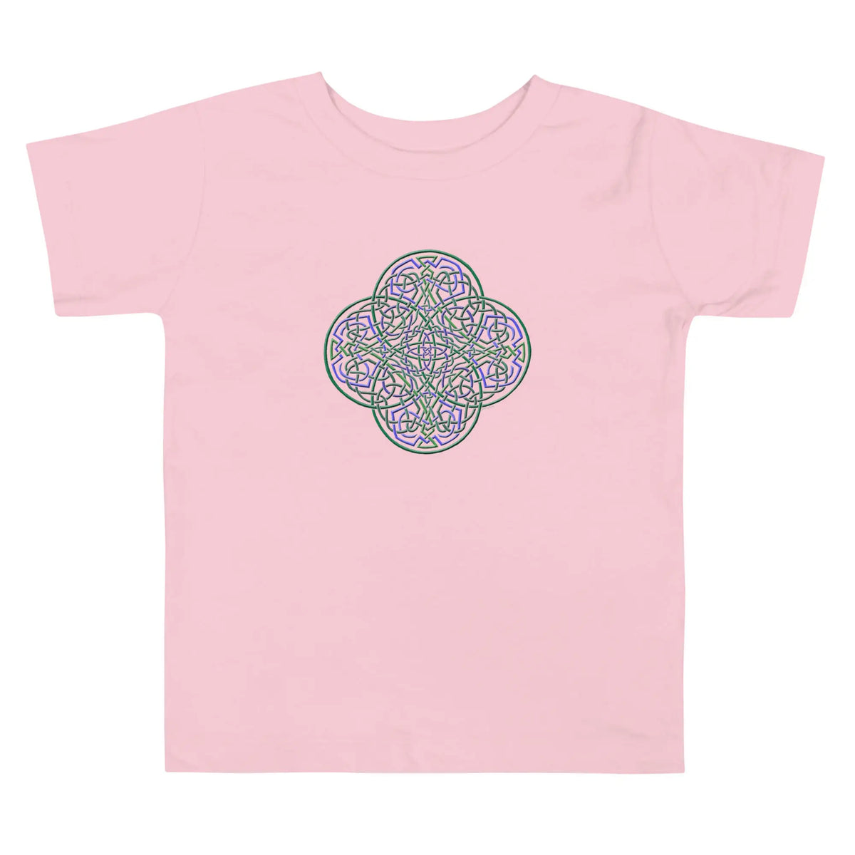 A pink Xigfireon toddler graphic t-shirt featuring the Living Colour iteration of the Reach Of The Spirit Celtic knot design. The Reach Of The Spirit Celtic knot represents Mother Earth.