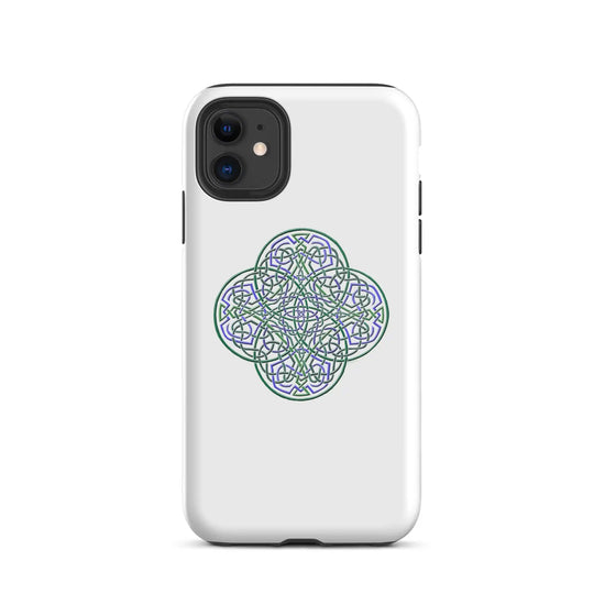 An iPhone 11 in a Xigfireon glossy white tough phone case featuring the Living Colour iteration of the Reach Of The Spirit Celtic knot design. The Reach Of The Spirit Celtic knot design is an Earth symbol.