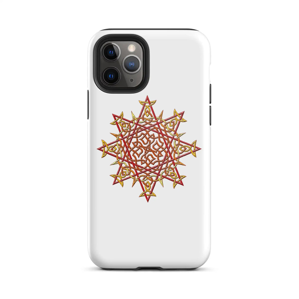 An iPhone 11 Pro in a Xigfireon glossy white tough phone case featuring the Fire Colour iteration of the Morning Star Fire Celtic knot design. The Morning Star Fire Celtic knot design is a Sun symbol.