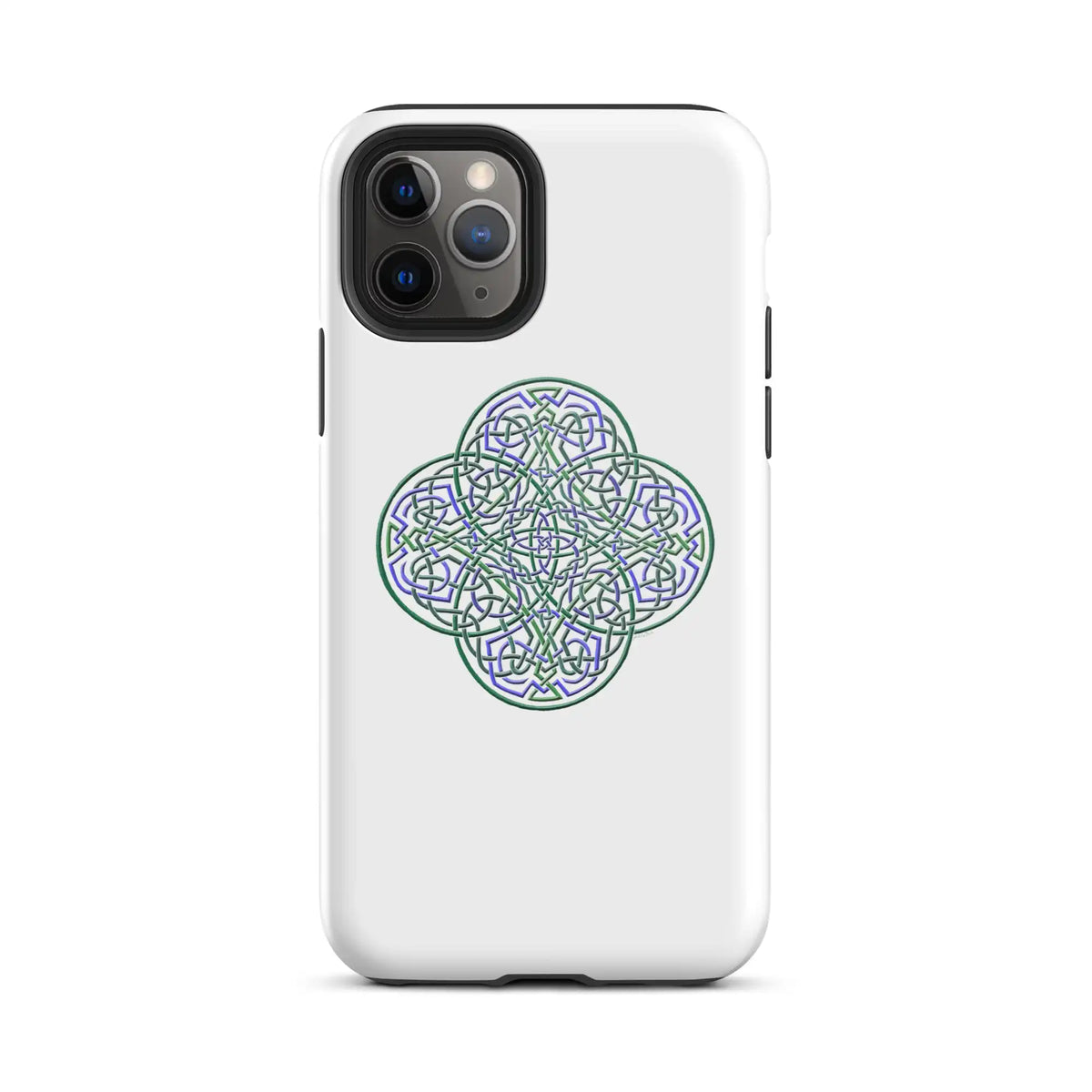 An iPhone 11 Pro in a Xigfireon glossy white tough phone case featuring the Living Colour iteration of the Reach Of The Spirit Celtic knot design. The Reach Of The Spirit Celtic knot design is an Earth symbol.