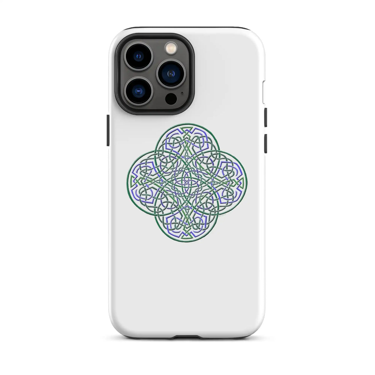 An iPhone 13 Pro Max in a Xigfireon matte white tough phone case featuring the Living Colour iteration of the Reach Of The Spirit Celtic knot design. The Reach Of The Spirit Celtic knot design is an Earth symbol.