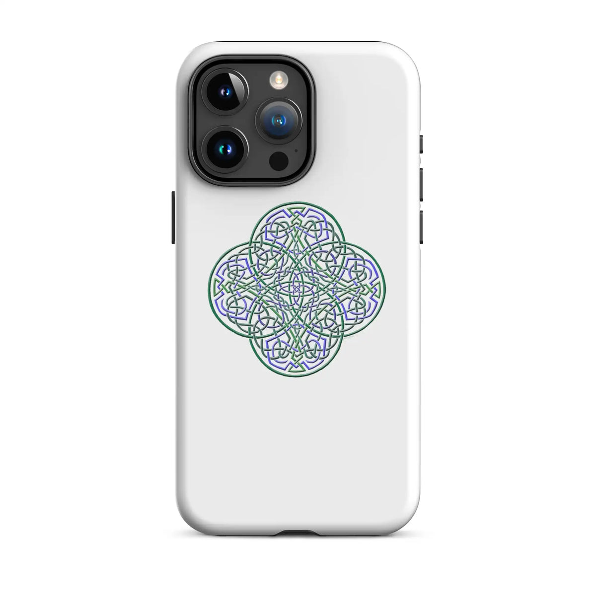 An iPhone 15 Pro Max in a Xigfireon matte white tough phone case featuring the Living Colour iteration of the Reach Of The Spirit Celtic knot design. The Reach Of The Spirit Celtic knot represents the Earth.