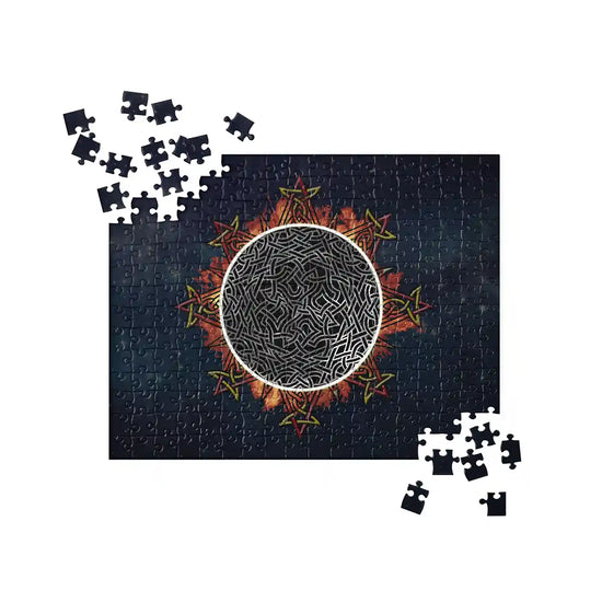 A 252 piece jigsaw puzzle featuring the Eclipsed iteration of the Morning Star Fire Celtic knot design. Inspired by the 2023 Annular Solar Eclipse.