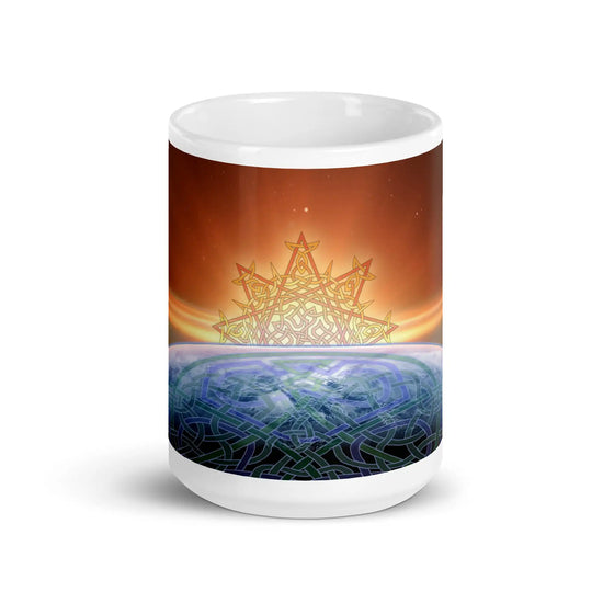 A 15oz Xigfireon white glossy graphic mug featuring the Derivation II Celtic knots merger design.