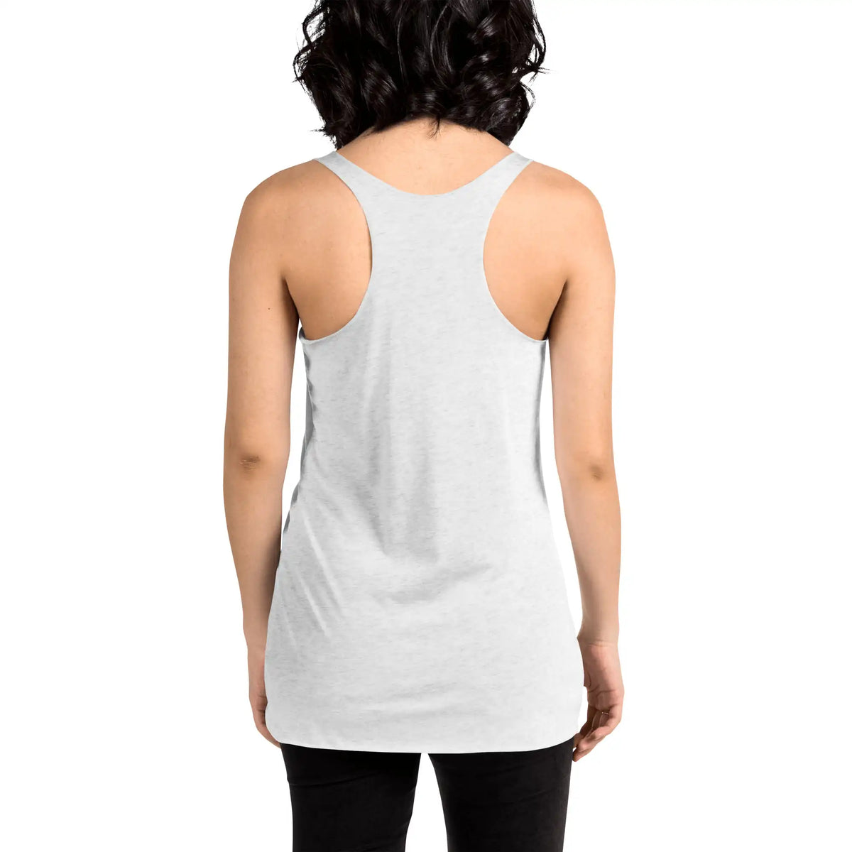 A young woman, viewed from behind, wearing a heather white Xigfireon graphic women&