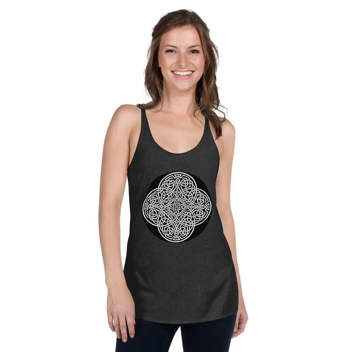 A young woman, viewed from the front, wearing a black Xigfireon graphic women&