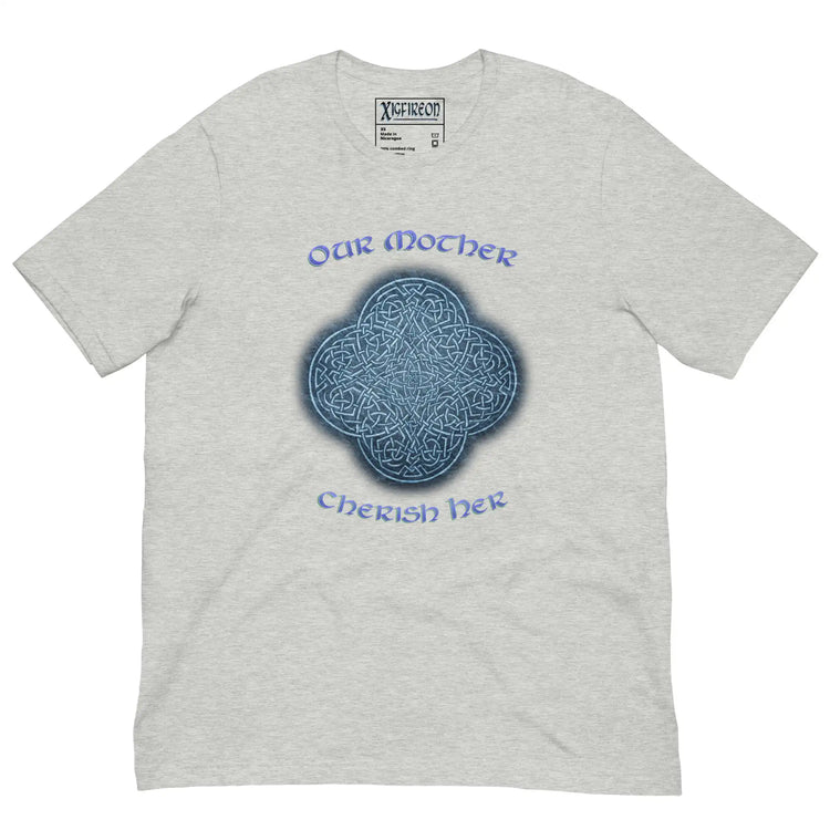 This athletic heather graphic t-shirt features the Blue Slate iteration of the `Reach Of The Spirit` Celtic knot design along with a message in a Celtic font: "Our Mother, Cherish Her".