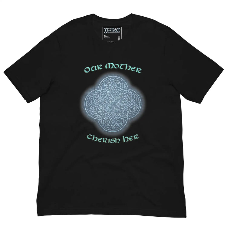 This black graphic t-shirt features the Blue Slate iteration of the `Reach Of The Spirit` Celtic knot design along with a message in a Celtic font: "Our Mother, Cherish Her".