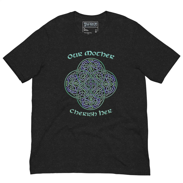 This black heather graphic t-shirt features the Living Colour iteration of the `Reach Of The Spirit` Celtic knot design along with a message in a Celtic font: "Our Mother, Cherish Her".
