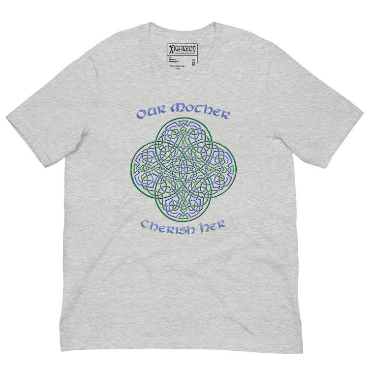 This athletic heather grey graphic t-shirt features the Living Colour iteration of the `Reach Of The Spirit` Celtic knot design along with a message in a Celtic font: "Our Mother, Cherish Her".