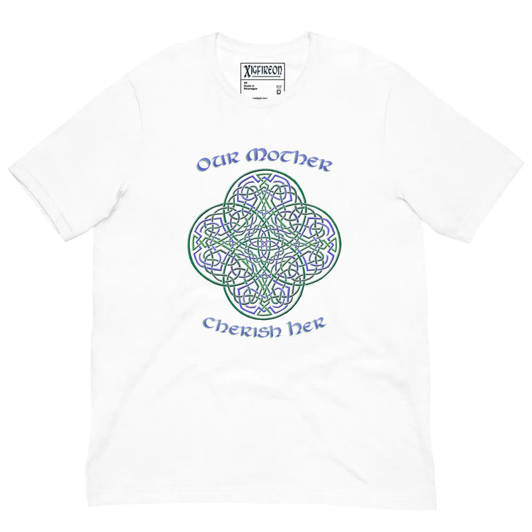 This white graphic t-shirt features the Living Colour iteration of the `Reach Of The Spirit` Celtic knot design along with a message in a Celtic font: "Our Mother, Cherish Her".