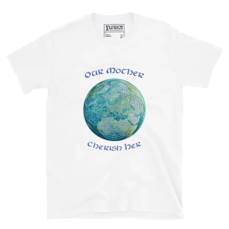 This white graphic t-shirt features the Sacred Planet iteration of the `Reach Of The Spirit` Celtic knot design along with a message in a Celtic font: "Our Mother, Cherish Her".
