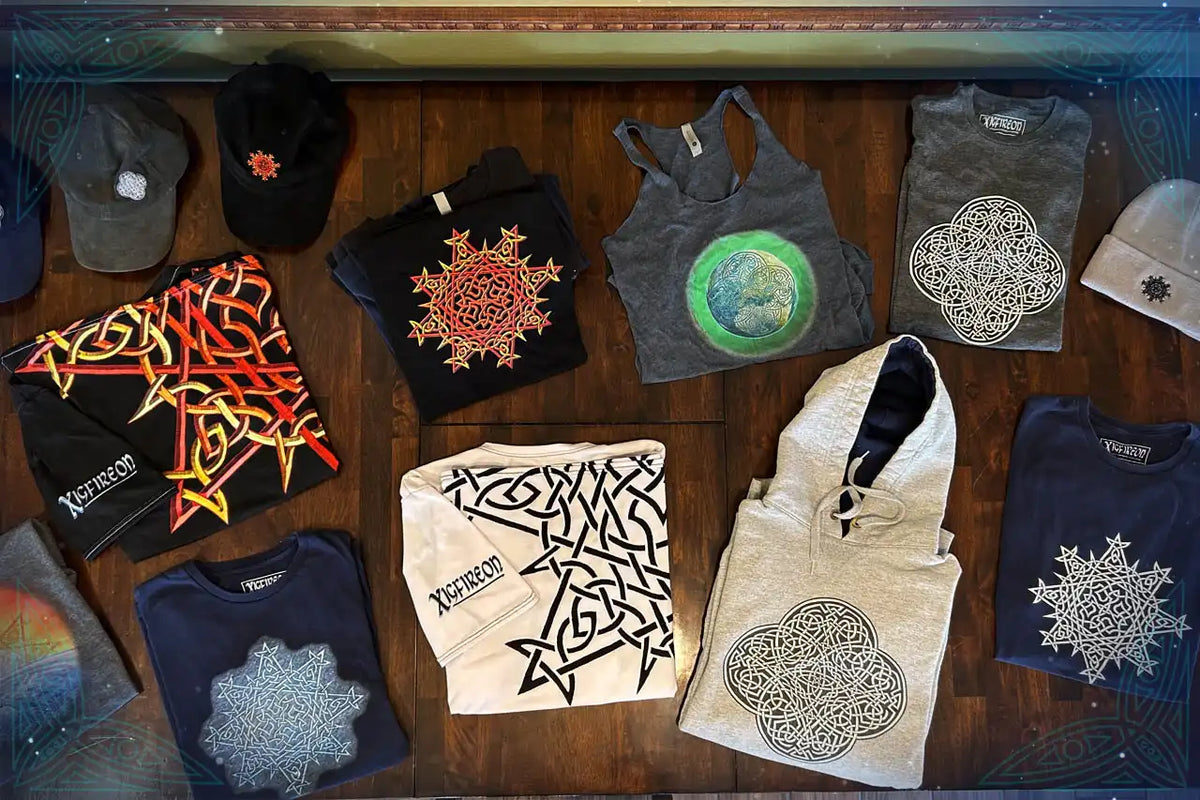 Xigfireon offers a variety of clothing items featuring original Celtic knot designs, from graphic tees and hoodies to pants, hats, and shoes.
