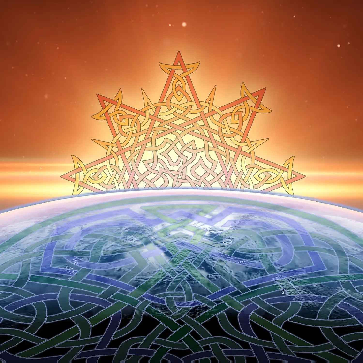 The `Morning Star Fire` Celtic knot in reds and oranges glowing like a rising or setting sun above the Earth, which is overlaid with the interconnected `Reach Of The Spirit` Celtic knot design.