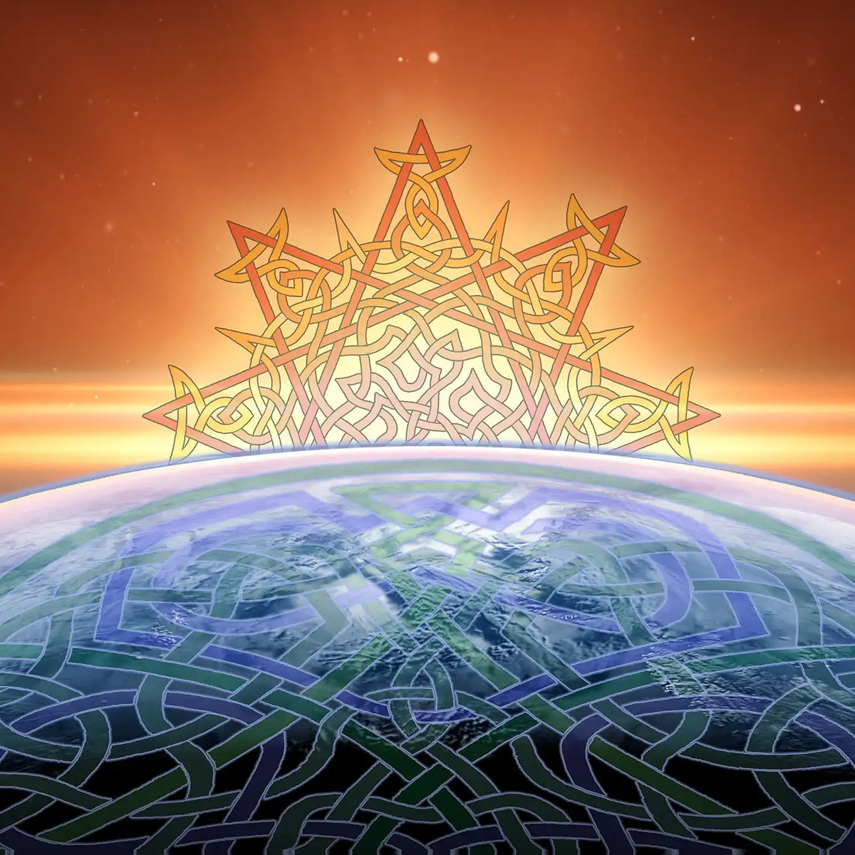 The `Morning Star Fire` Celtic knot in reds and oranges glowing like a rising or setting sun above the Earth, which is overlaid with the interconnected `Reach Of The Spirit` Celtic knot design.