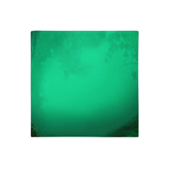 The back side of an 18 inch by 18 inch Xigfireon pillow case featuring the Deep Forest iteration of the `Reach Of The Spirit` Celtic knot design.