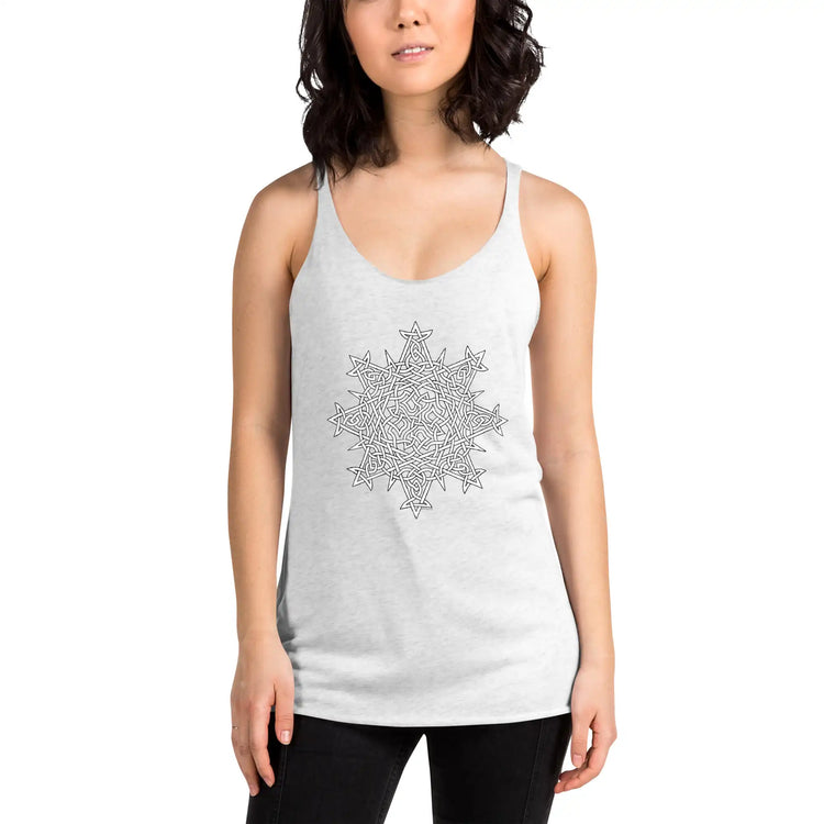 A young woman, viewed from the front, wearing a heather white Xigfireon graphic women&