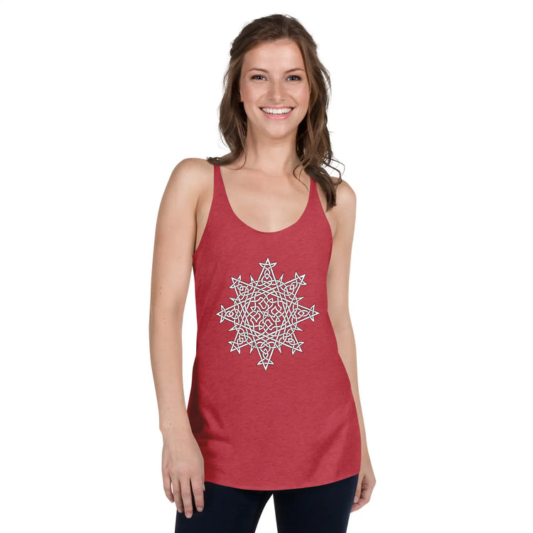 A young woman, viewed from the front, wearing a vintage red Xigfireon graphic women&