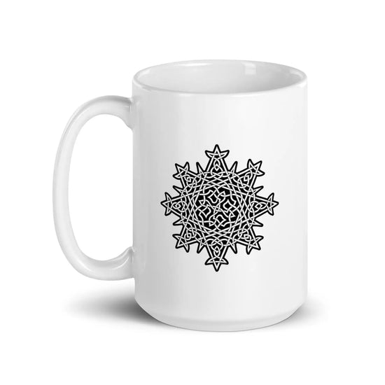 A Xigfireon white glossy 15oz mug featuring the Black & White Solid iteration of the `Morning Star Fire` Celtic knot design. This Celtic knot symbolizes Father Sun.