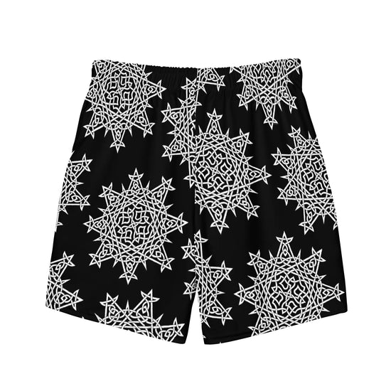 The back side of a pair of Xigfireon graphic swim trunks featuring the Black & White Solid Black patterned series of the `Morning Star Fire` Celtic knot design.