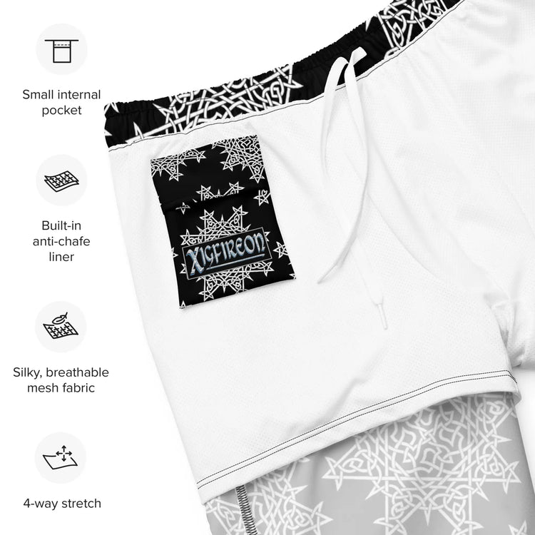 A list of product features beside a photo of the inside of a pair of Xigfireon graphic swim trunks featuring the Black & White Solid Black patterned series of the `Morning Star Fire` Celtic knot design. Features include small internal pocket, built-in anti-chafe liner, silky, breathable mesh fabric, and 4-way stretch. The Xigfireon logo is visible on the inside pocket.