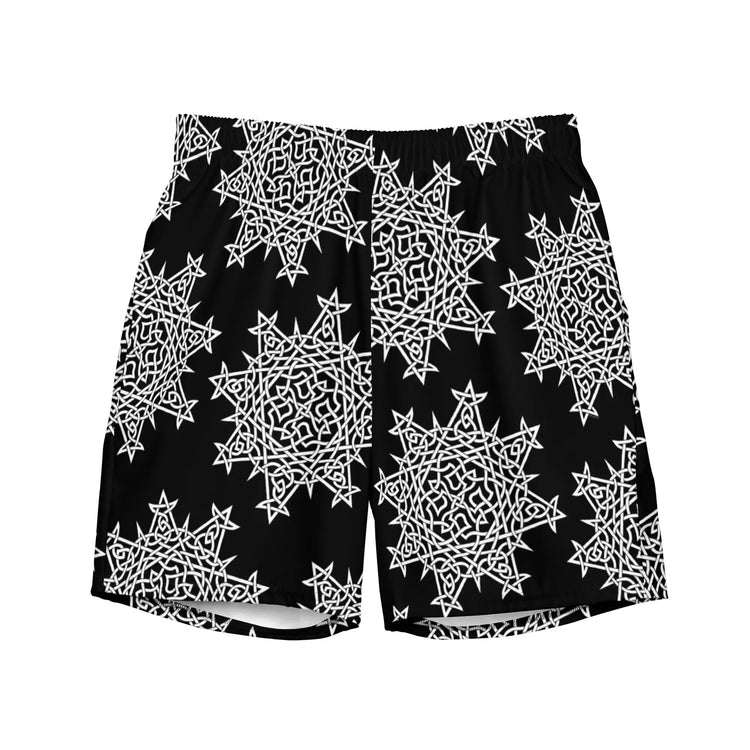 The front side of a pair of Xigfireon graphic swim trunks featuring the Black & White Solid Black patterned series of the `Morning Star Fire` Celtic knot design.