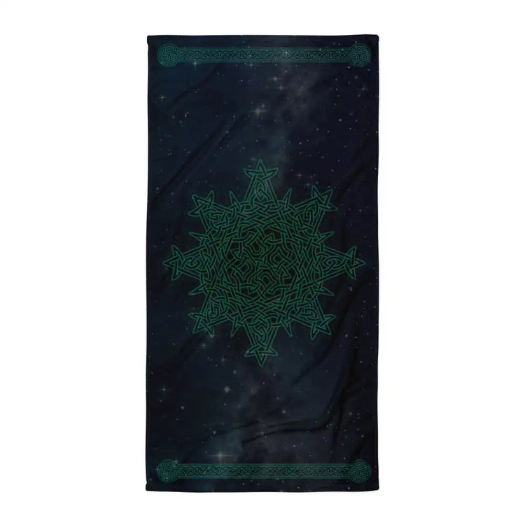 A Xigfireon bath and/or beach towel featuring the Celestial iteration of the `Morning Star Fire` Celtic knot with braided borders ending in triskelions at the narrow ends.