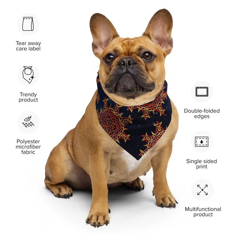 A list of product specs surrounding a puppy wearing a Xigfireon bandana adorned with the `Morning Star Fire` Fire Colour Cosmos Celtic knot pattern.