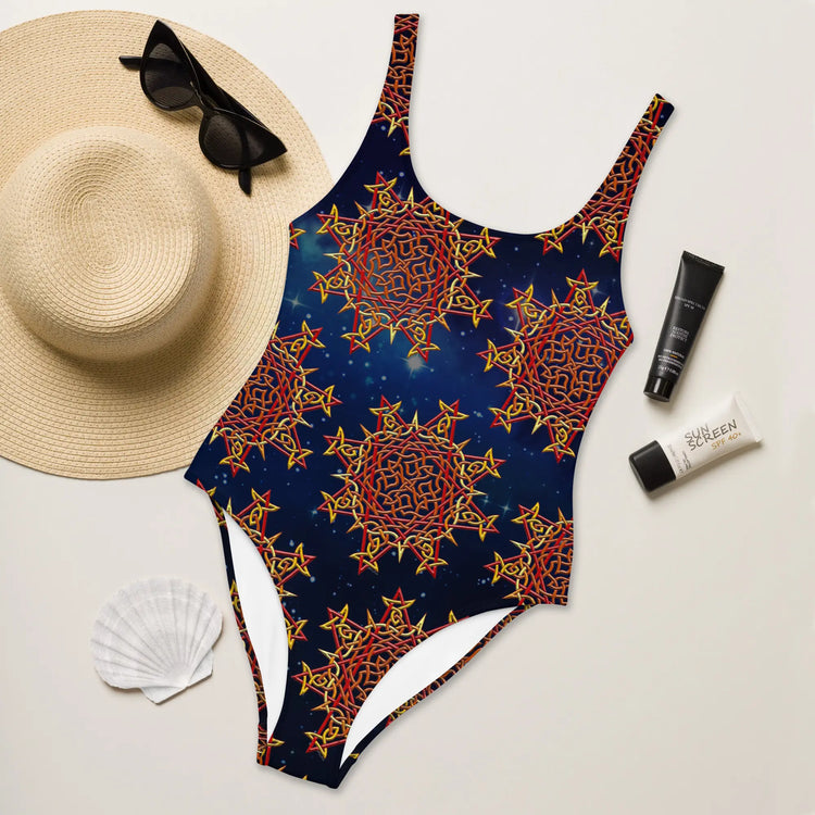 Various beach-going gear displayed with a Xigfireon graphic swimsuit featuring the Fire Colour Cosmos patterned series of the `Morning Star Fire` Celtic knot design.