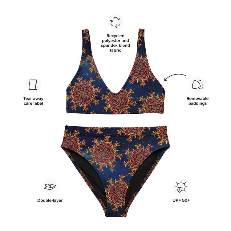 A list of product features surrounding a Xigfireon graphic bikini featuring the Fire Colour Cosmos patterned series of the `Morning Star Fire` Celtic knot design. Features include recycled polyester and spandex blend fabric, tear away care label, removable paddings, double-layer, and UPF 50+.